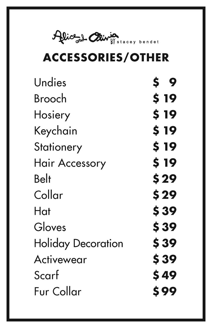 Alice + Olivia Sample Sale Accessories Price List