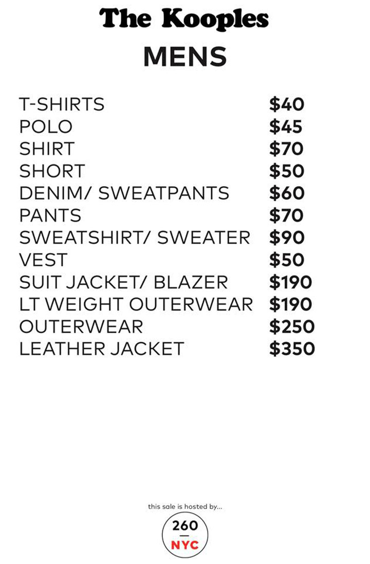 The Kooples Sample Sale Menswear Price List