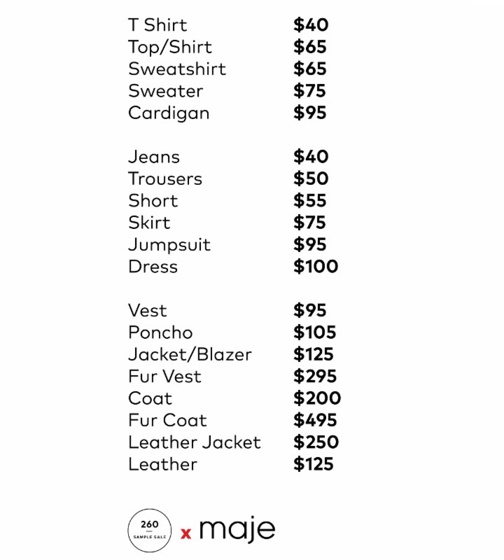 Maje Sample Sale Apparel Price List