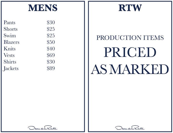 Oscar de la Renta Sample Sale Menswear & RTW Price List