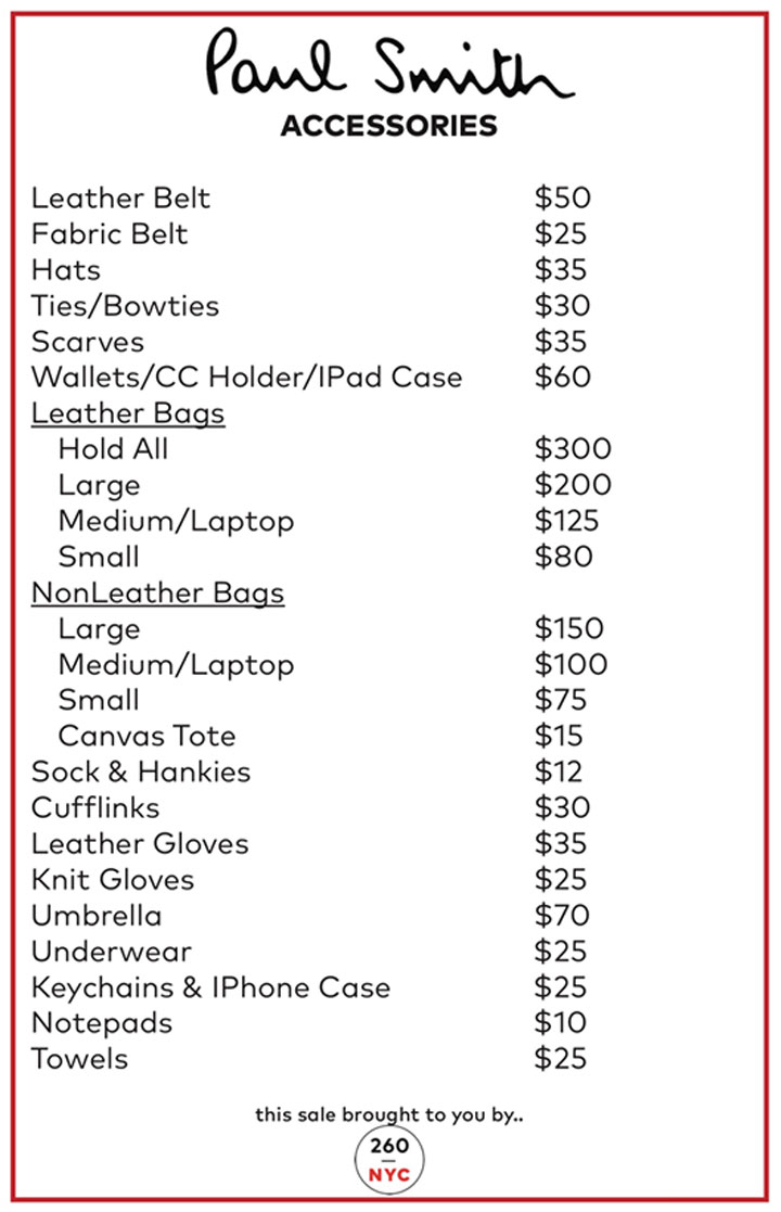 Paul-Smith Sample Sale Accessories Price List