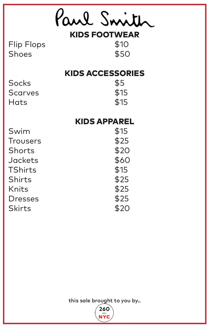 Paul-Smith Sample Sale Kidswear Price List