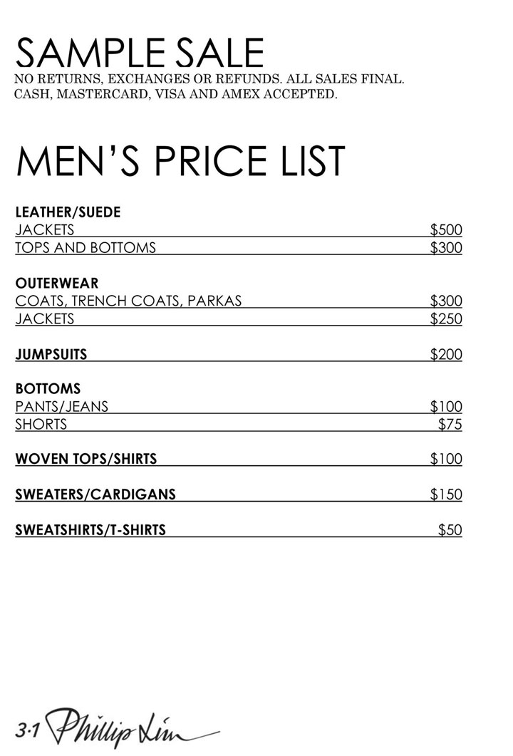 3.1 Phillip Lim Sample Sale Menswear Price List