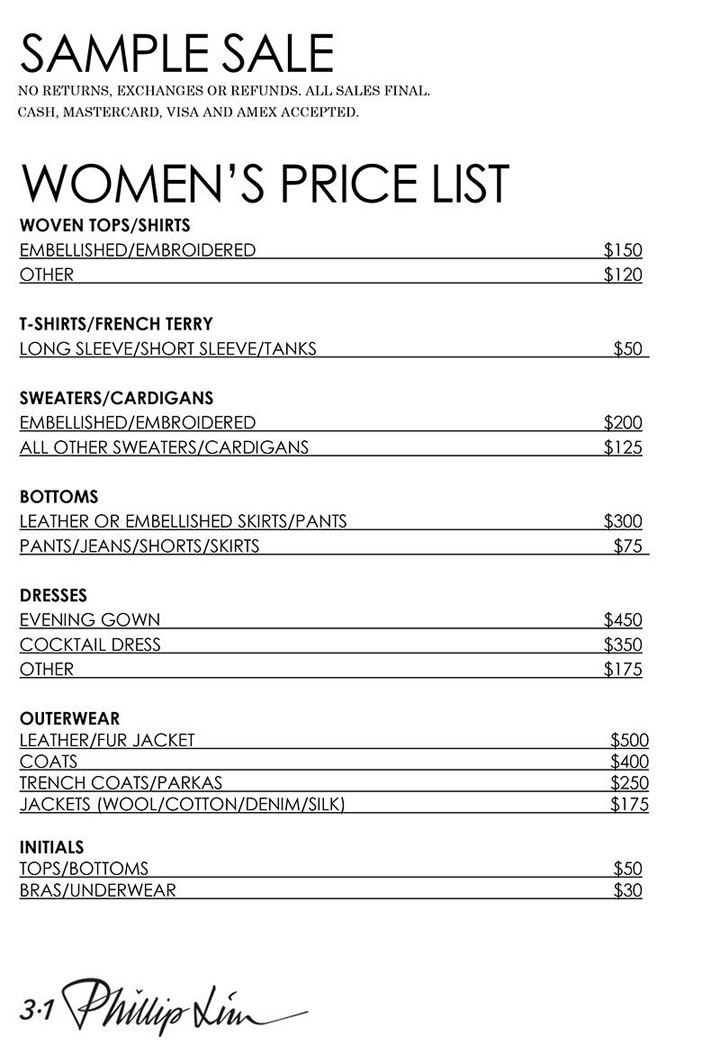 3.1 Phillip Lim Sample Sale Womenswear Price List