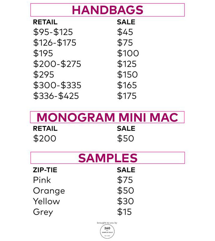 Rebecca Minkoff Sample Sale Handbags Price List