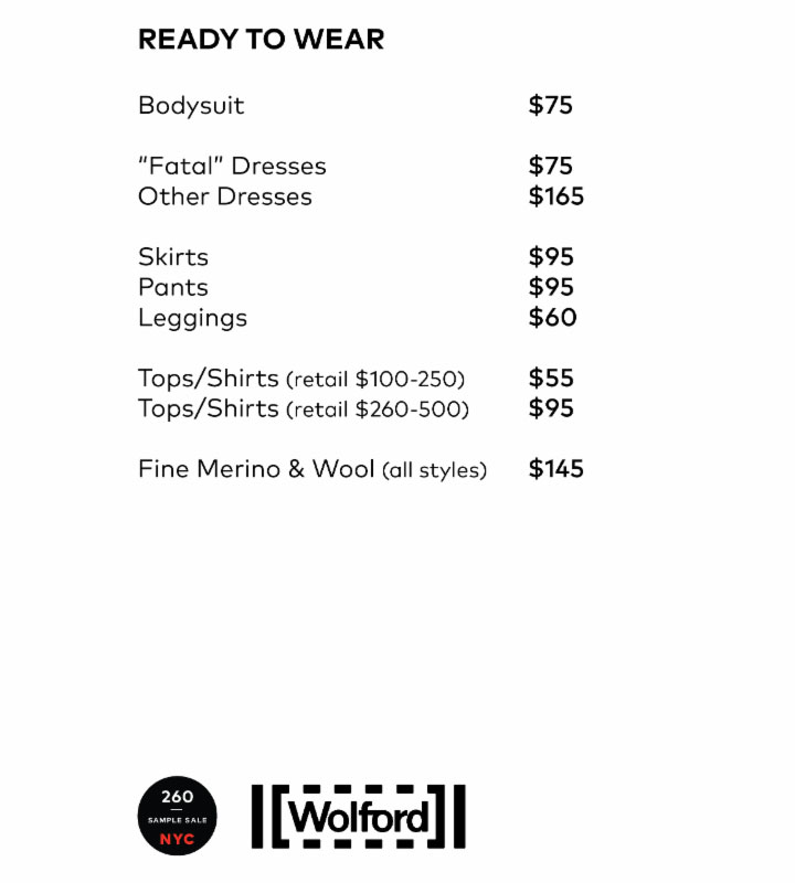 Wolford Sample Sale RTW Price List