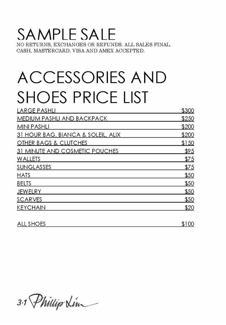 3.1 Phillip Lim Sample Sale Accessories Price List