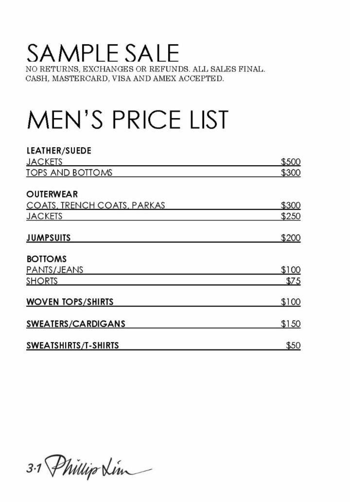 3.1 Phillip Lim Sample Sale Menswear Price List