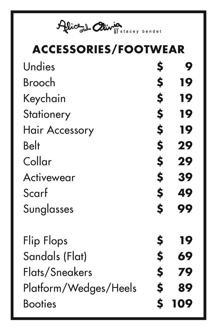 Alice + Olivia Sample Sale Accessories Price List