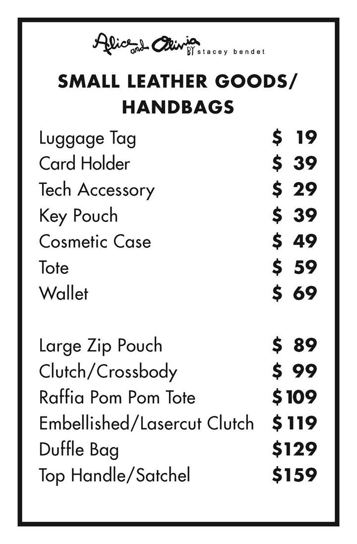 Alice + Olivia Sample Sale Handbags Price List