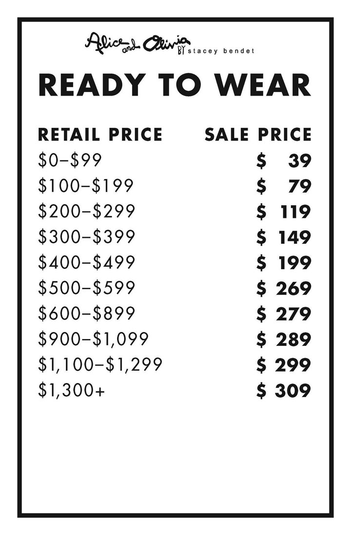 Alice + Olivia Sample Sale RTW Price List