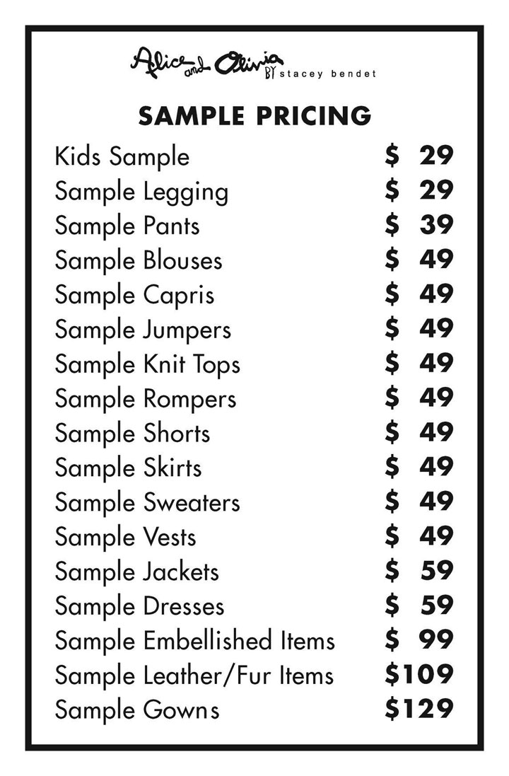 Alice + Olivia Sample Sale Samples Price List