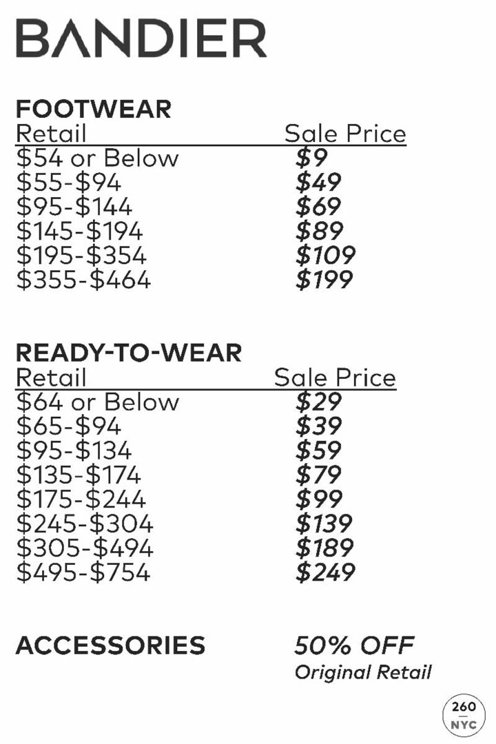 Bandier Sample Sale Price List
