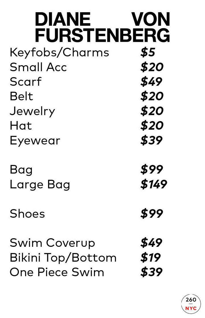 Diane von Furstenberg Sample Sale Accessories Price List