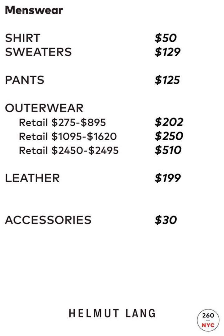 Helmut Lang Sample Sale Menswear Price List