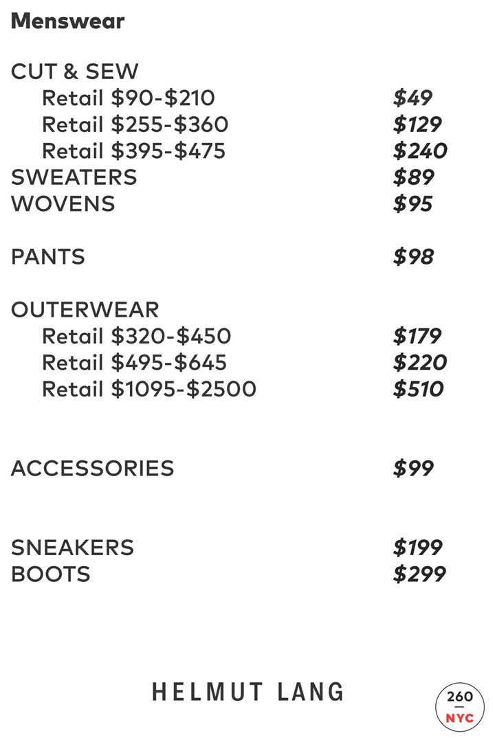 Helmut Lang Sample Sale Menswear Price List