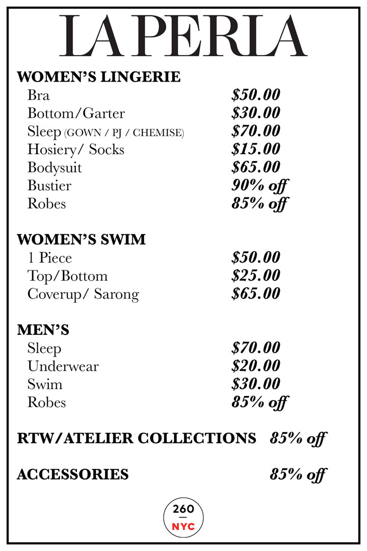 La Perla Sample Sale Price List