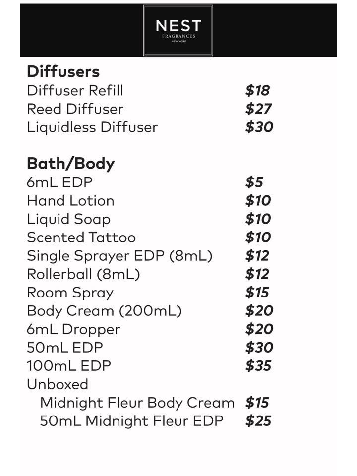 Nest Fragrances Sample Sale Price List