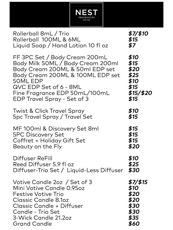 Nest Fragrances Sample Sale Price List