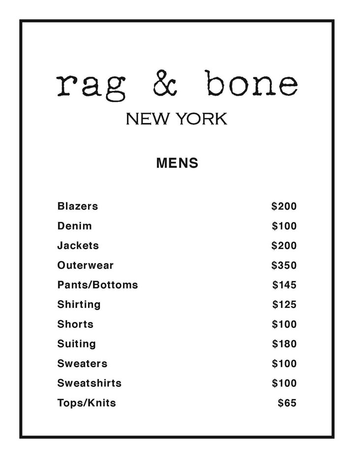 Rag & Bone Sample Sale Menswear Price List