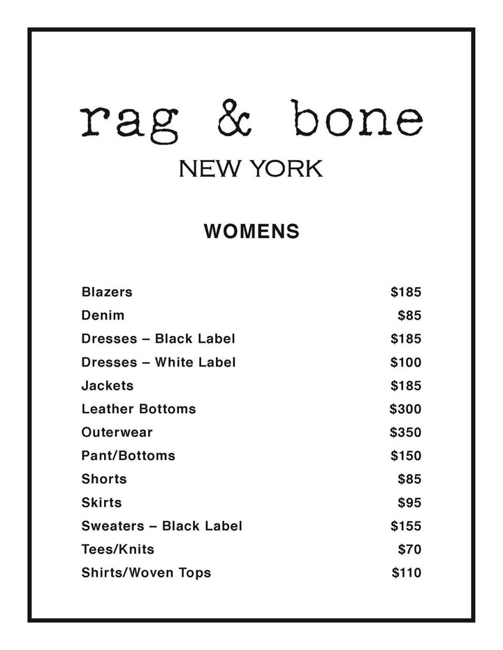 Rag & Bone Sample Sale Womenswear Price List