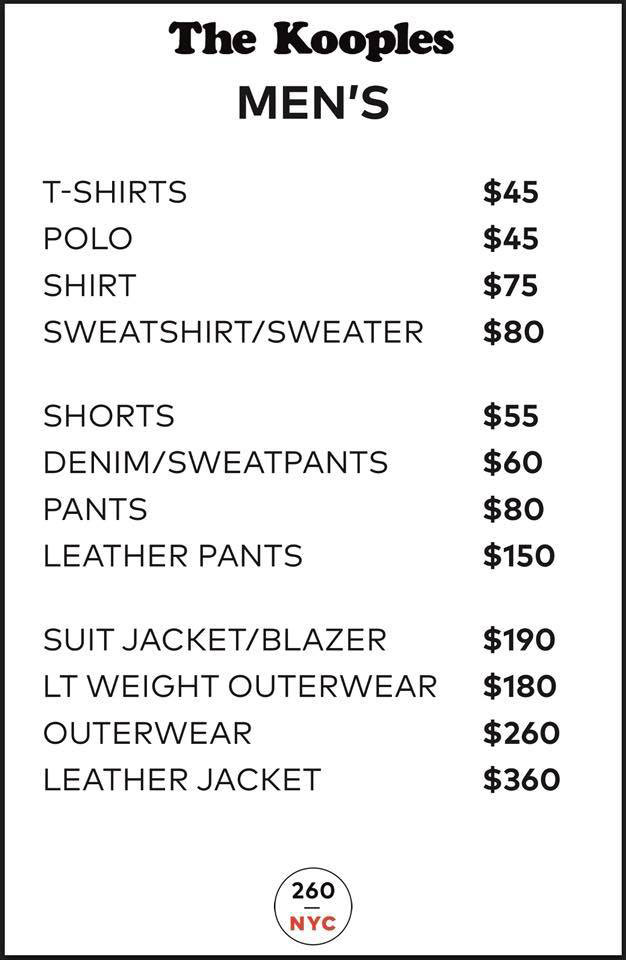 The Kooples Sample Sale Menswear Price List