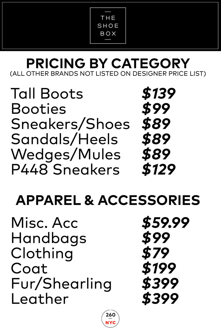The Shoe Box Spring 2018 Sample Sale Price List