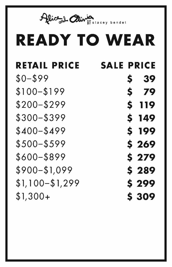 Alice + Olivia Sample Sale RTW Price List