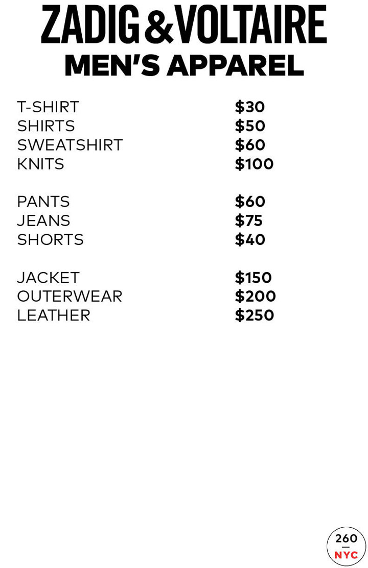 Zadig & Voltaire Sample Sale Menswear Price List