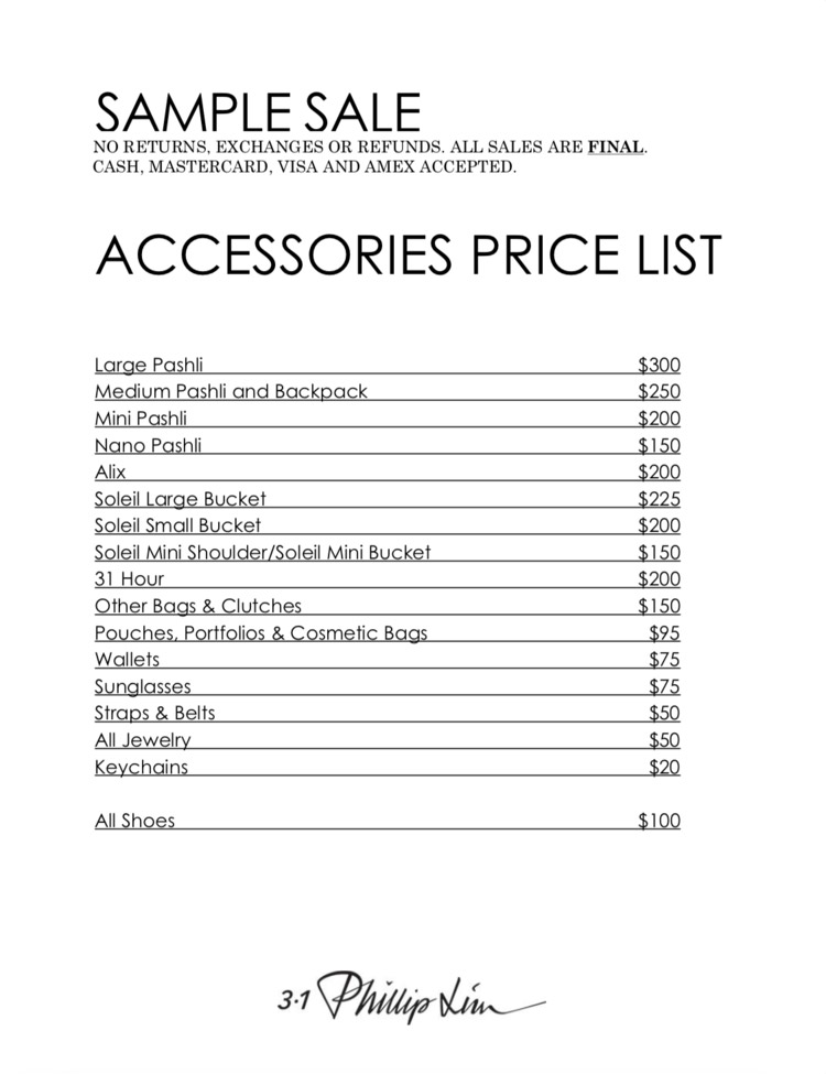 3.1 Phillip Lim Sample Sale Accessories Price List