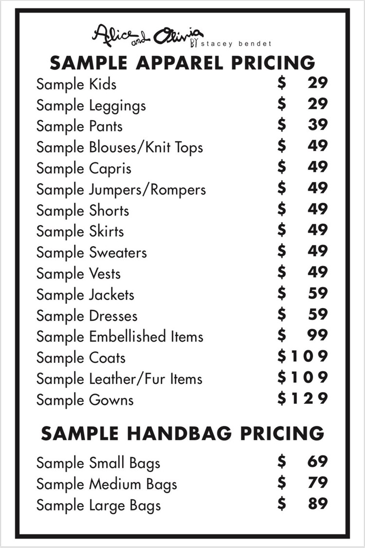 Alice + Olivia Sample Sale Samples Price List