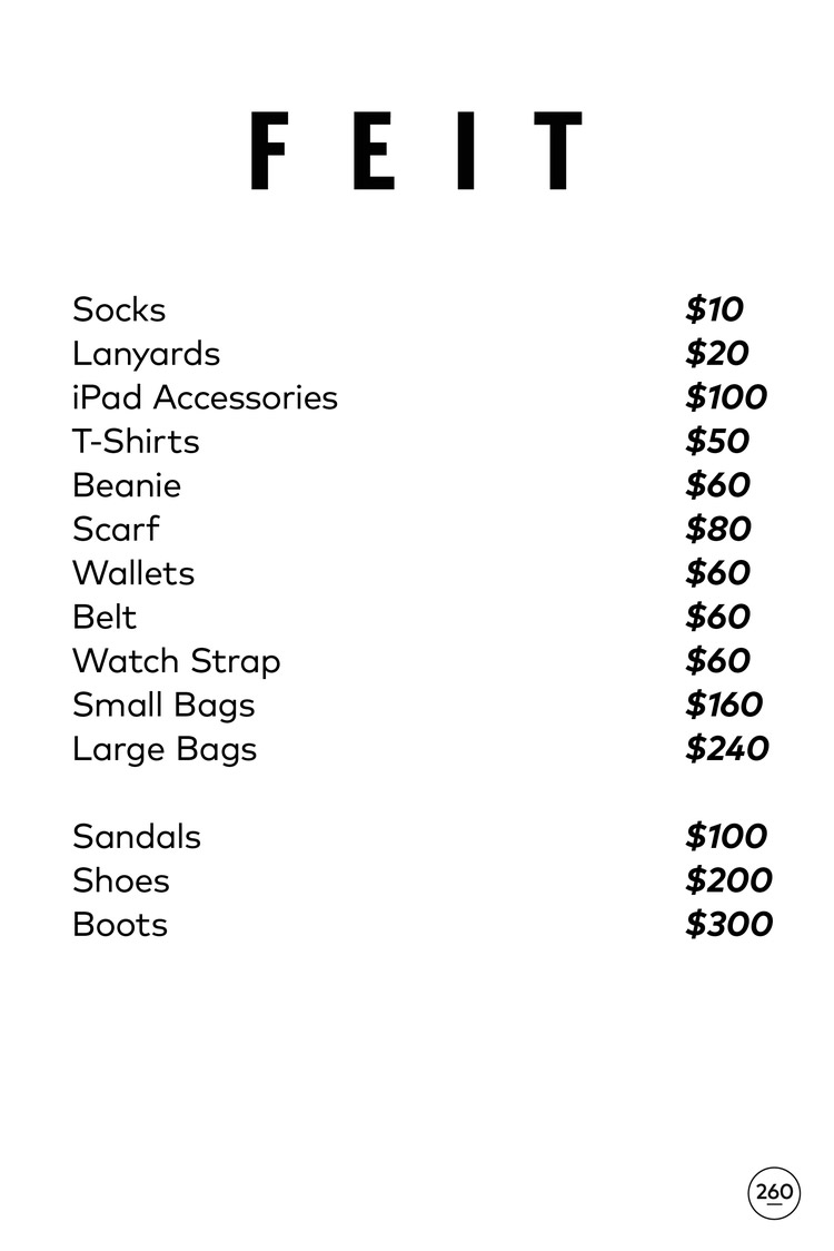 FEIT Sample Sale in Images Price List