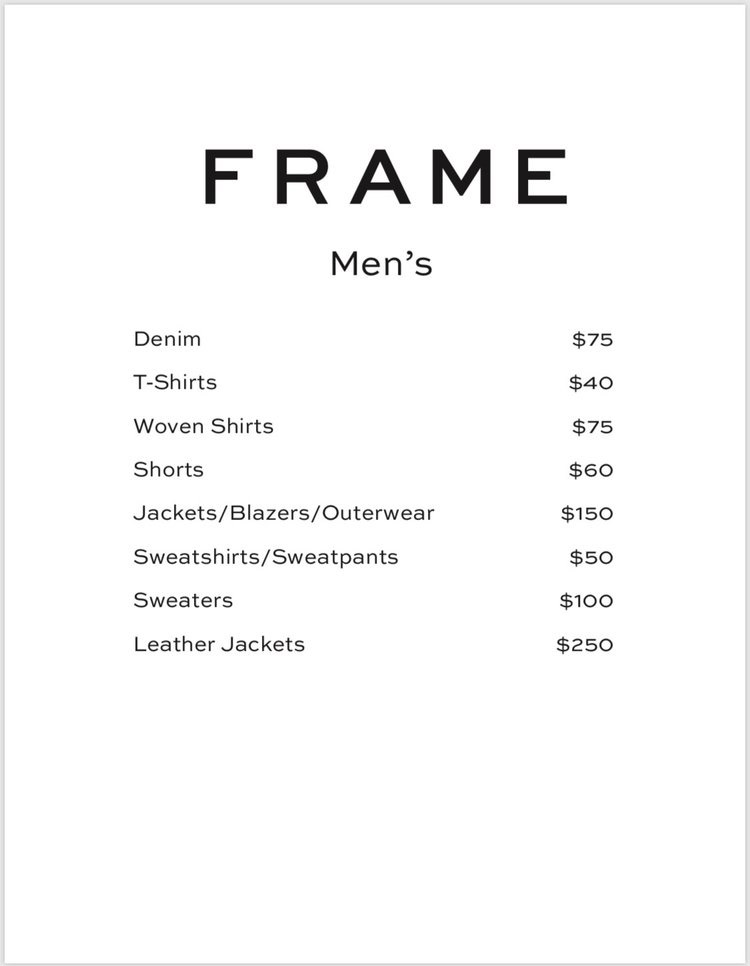 FRAME Sample Sale Menswear Price List