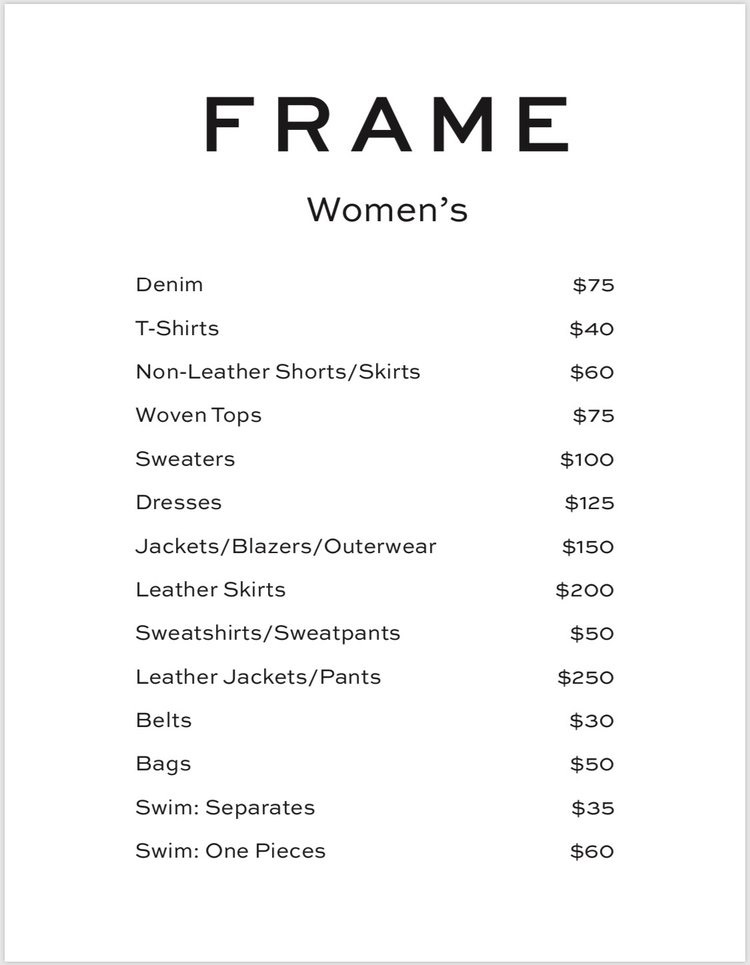 FRAME Sample Sale Womenswear Price List