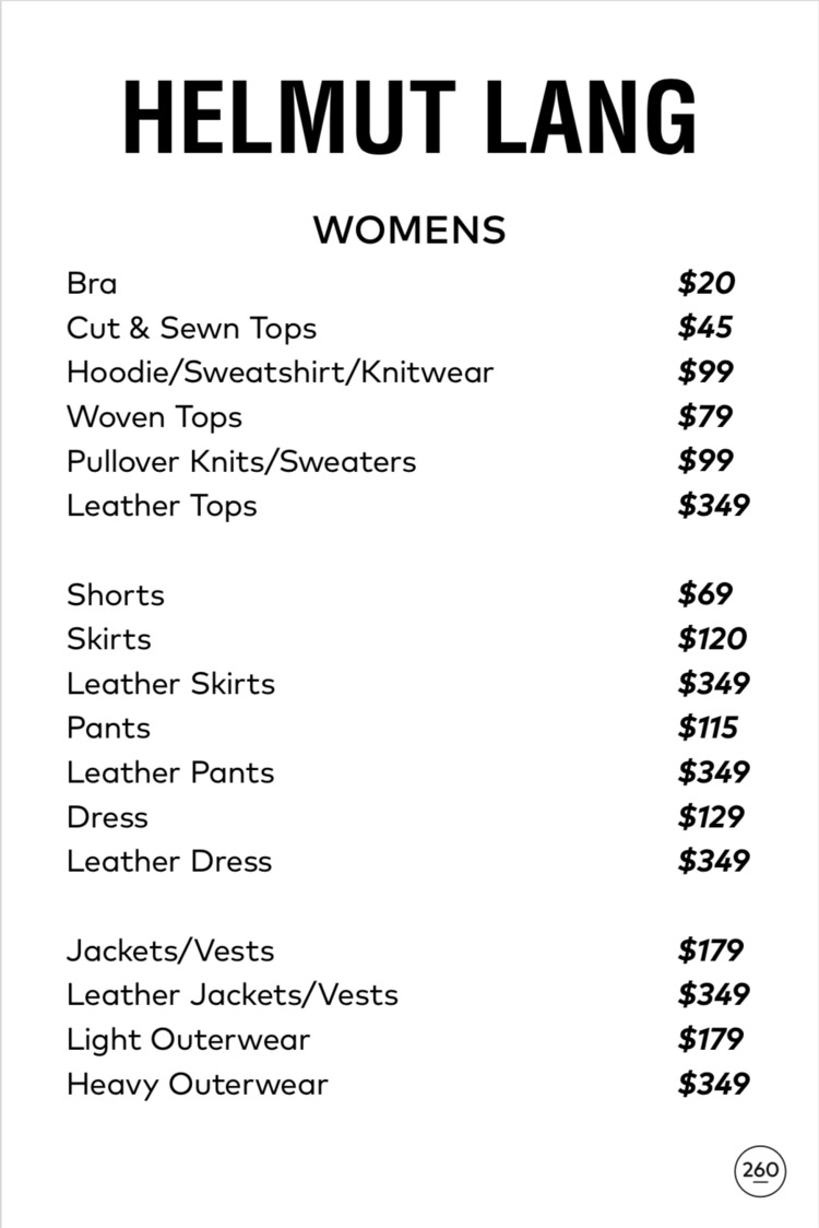 Helmut Lang Sample Sale Womenswear Price List