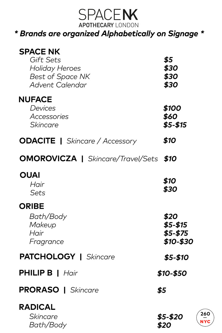 Space NK Apothecary London Warehouse Sale Price List