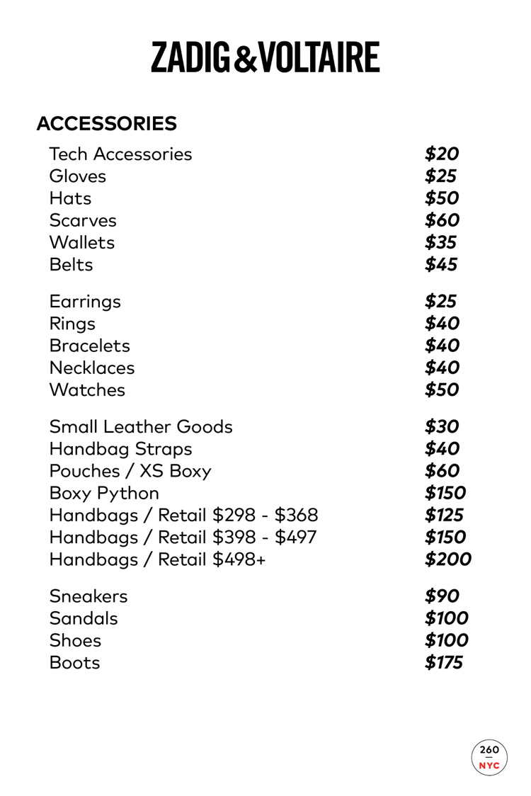 Zadig & Voltaire Sample Sale Accessories Price List