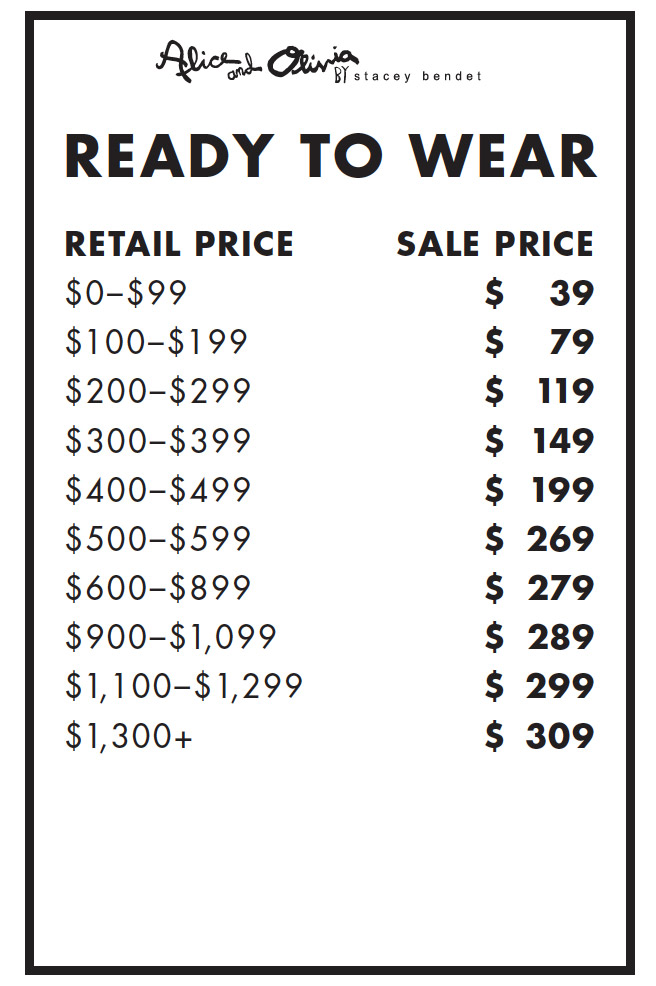 Alice + Olivia Sample Sale Price List