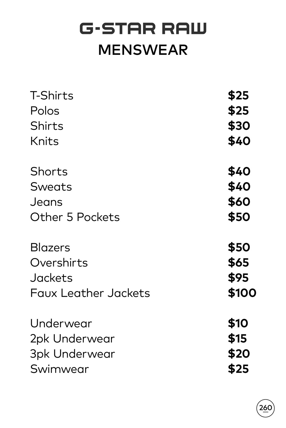 G-Star RAW Sample Sale Menswear Price List