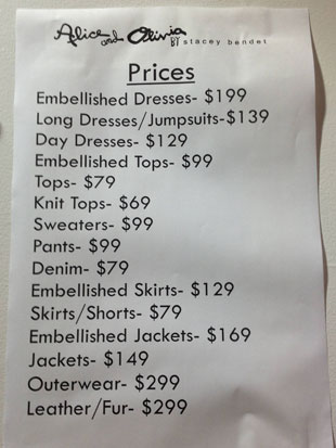 Alice + Olivia Sample Sale Price List