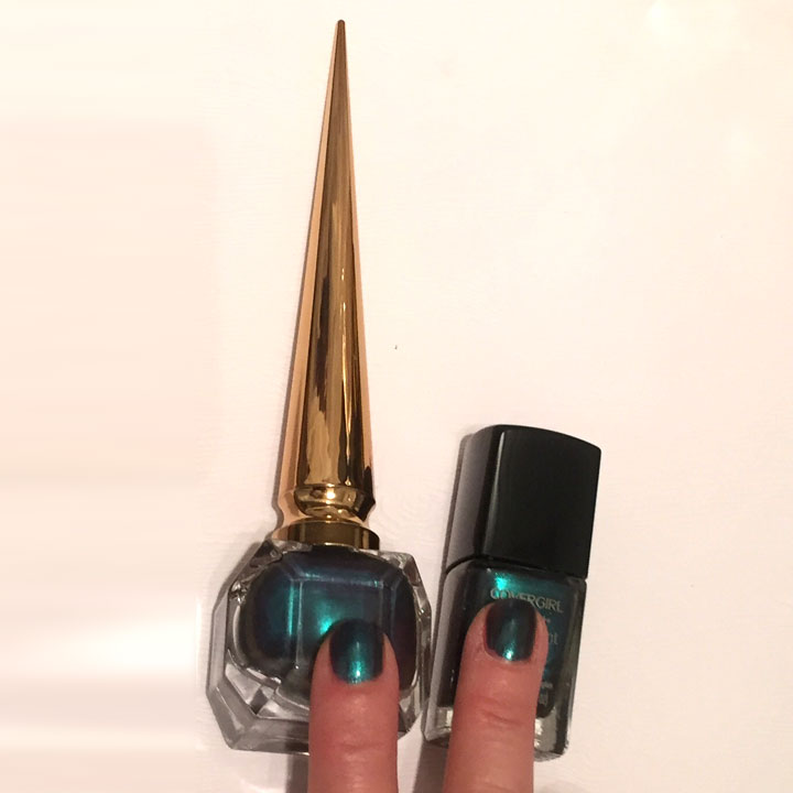 Christian Louboutin’s limited edition Scarabée II, Covergirl's Teal on Fire, which costs $45 less was an exact match.