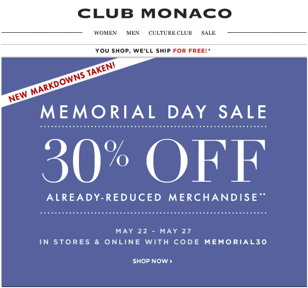 Club Monaco Memorial Day Sale