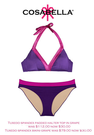 Tuxedo spandex padded halter top in grape: $30 (orig. $112), Tuxedo spandex bikini grape: $30 (orig. $79)