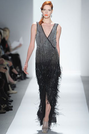 Dennis Basso Satin and Chiffon with Embroidery and Feathers Cocktail Dress in Navy ($1,450, orig. $5,800),