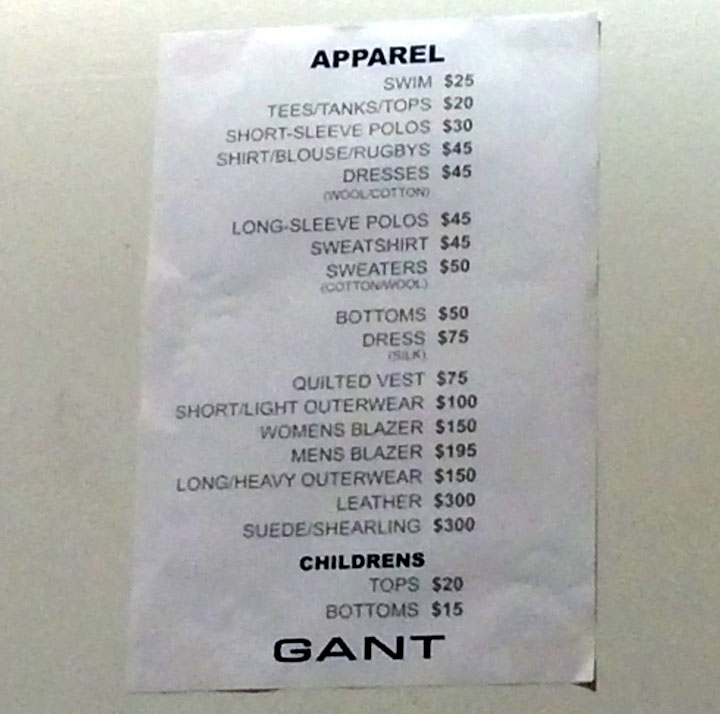 Gant Sample Sale Clothing price list
