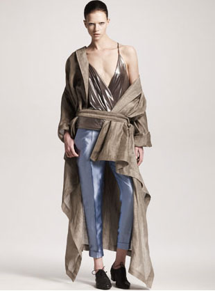 Haider Ackermann Asymmetric Linen-Silk Trenchcoat, Wrapped Blouse & Cropped Silk Pants 