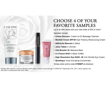 Choose 4 favorite samples with your next order at Lancome