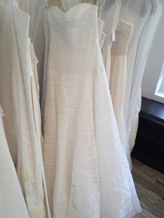 Architectural white strapless striped dress with floral outline ($1,695)