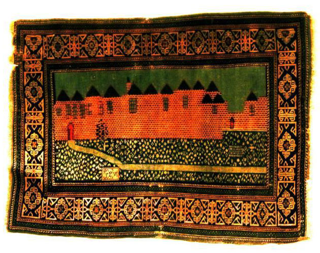 1880 rug from Kuba in the Caucuses, (below) depicting the wall of Jerusalem.