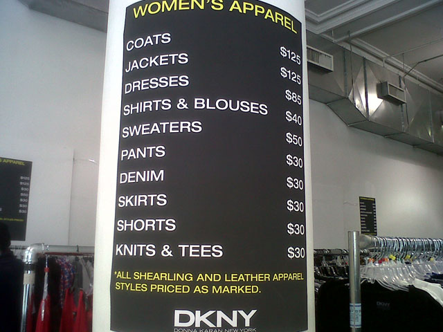 Price list at the DKNY Sample Sale